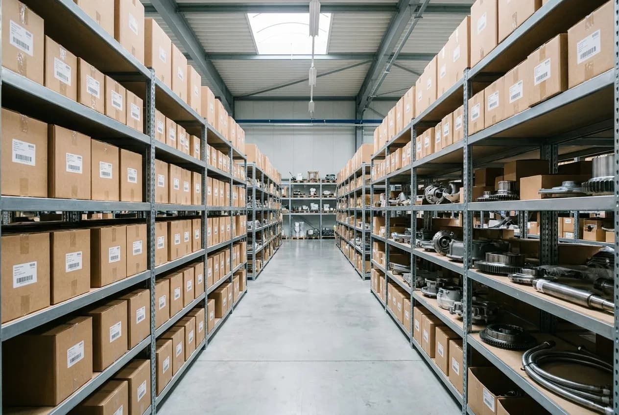 An aviation parts warehouse aisle