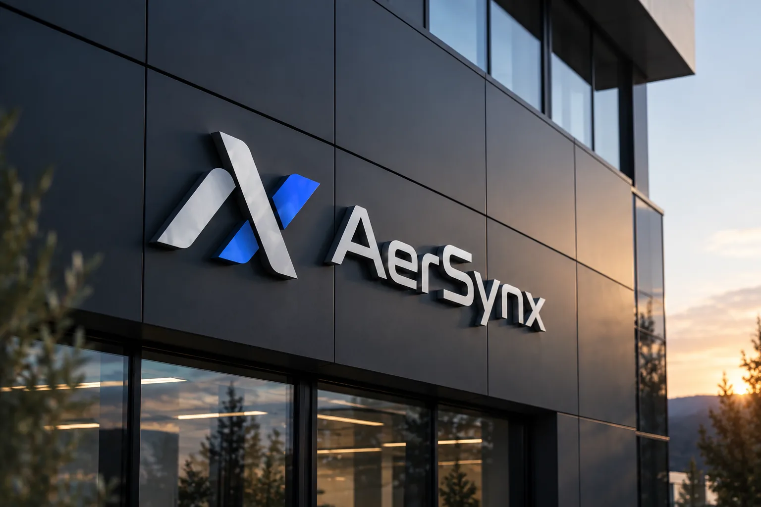The AerSynx symbol and wordmark on a dark facade at dusk — the A and the X of the name cut as one form.
