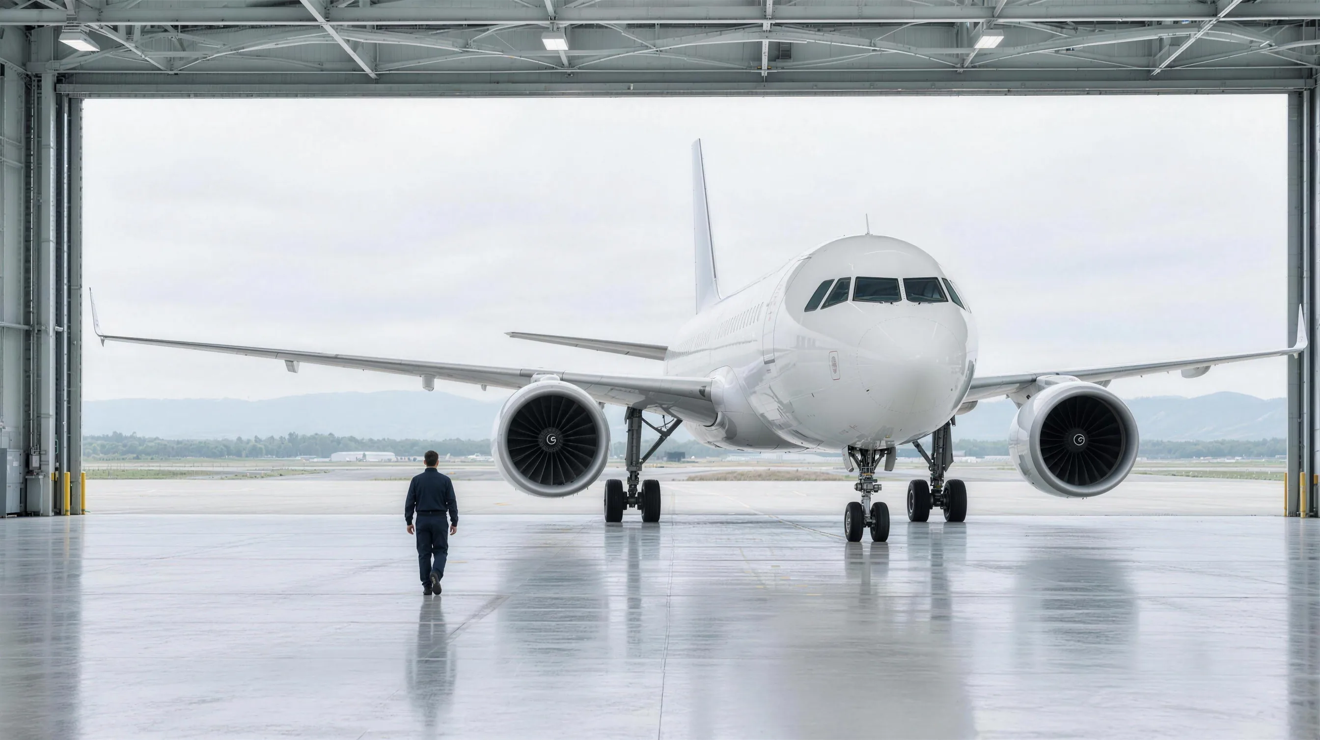 A twin-engine airliner on the apron seen through the open door of a daylight hangar, a technician walking toward it