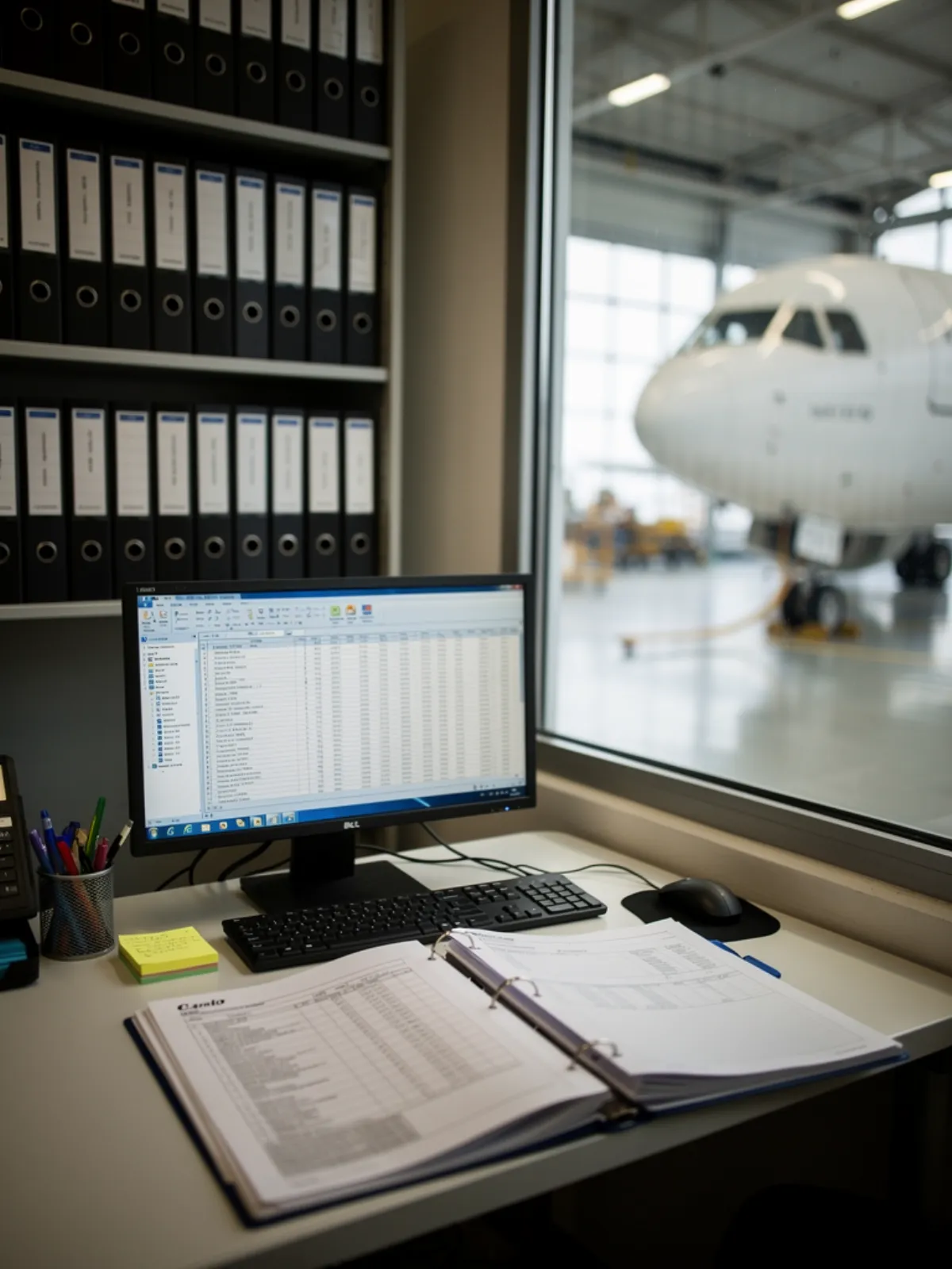 A CAMO office desk: an open technical records binder, a monitor showing a table, and an airliner parked in the hangar beyond the window