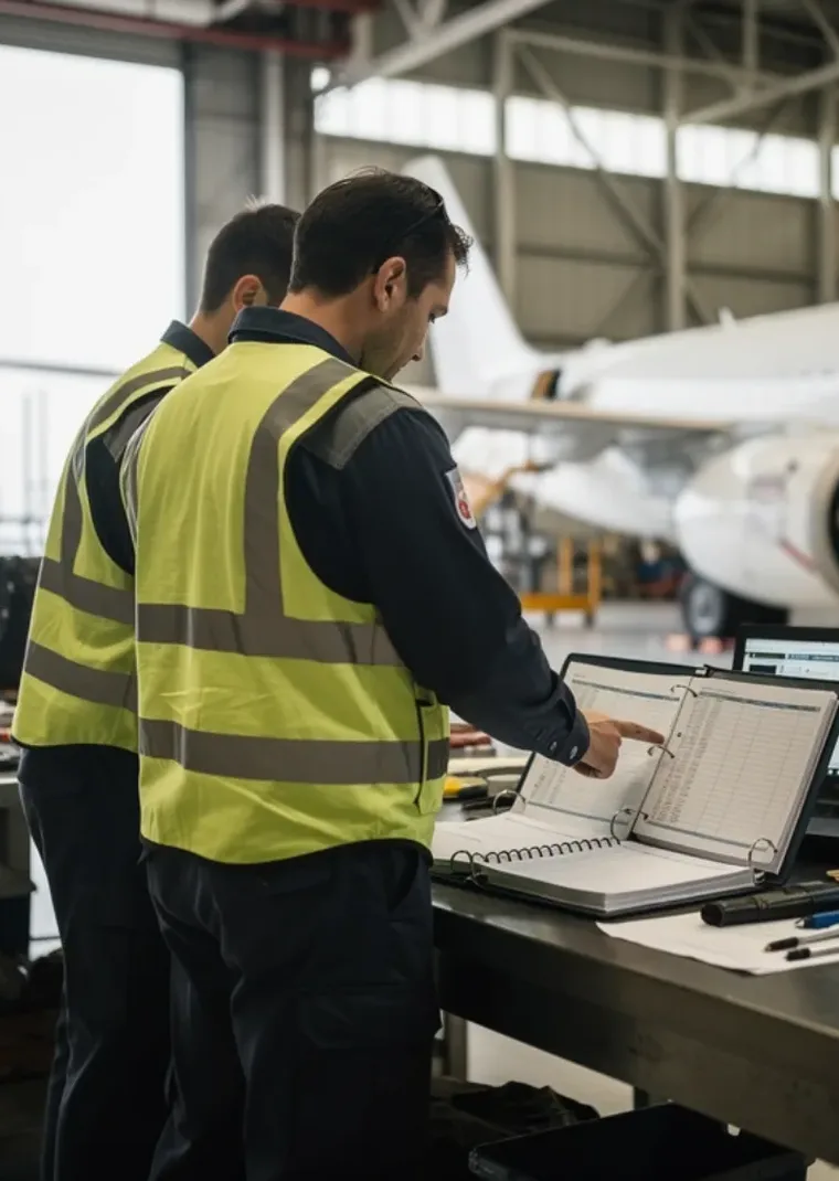 Two engineers at a hangar bench, one logbook and one screen between them