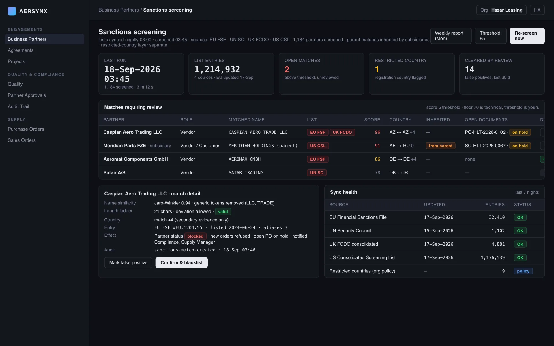 AerSynx sanctions screening screen with matches requiring review and list sync health